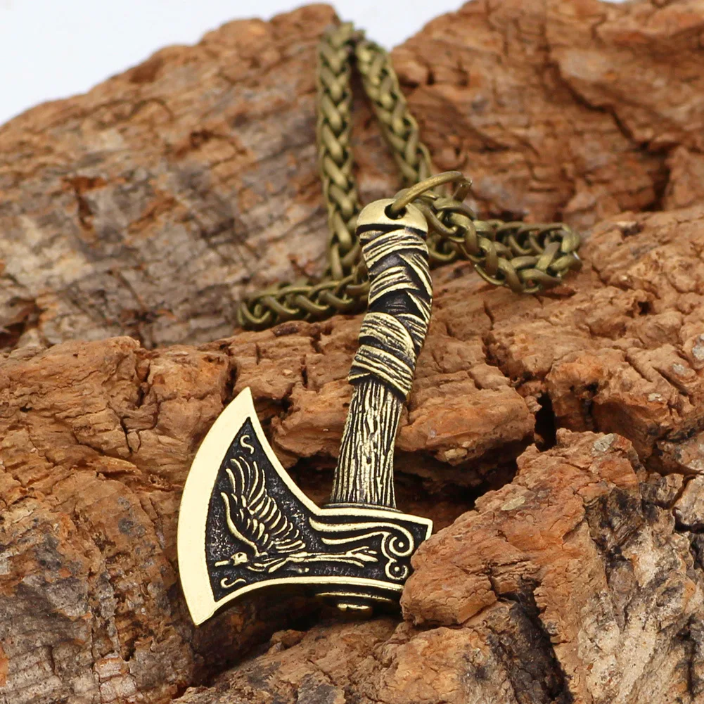 New Nordic Viking Celtic Wolf Crow Double-sided Axe Pendant Trendy Vintage Necklace For Men