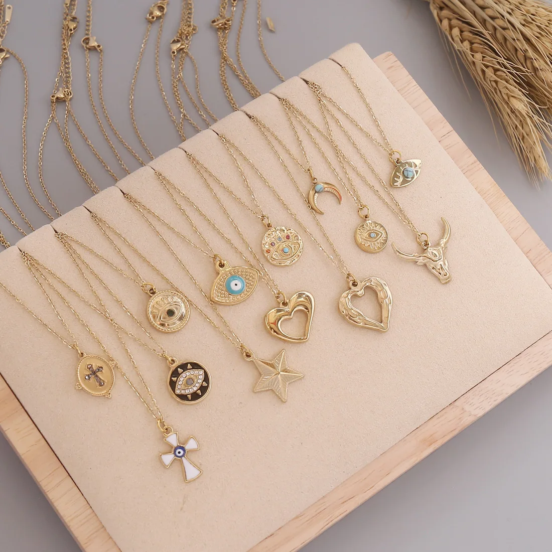 HOVANCI Evil Eyes protection Jewellery 5 Turquoise Geometric Zirconia Heart Pendant Ladybug Ankh Multilayer Necklace