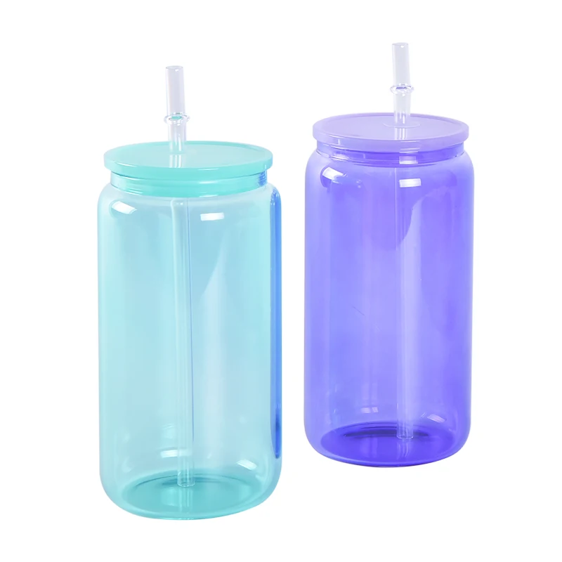 USA Warehouse 16 Oz 16Oz  Sublimation Rainbow Paint Multi Color Glass Clear Soda Beer Can Cup Jar With Bamboo Lid And Straw