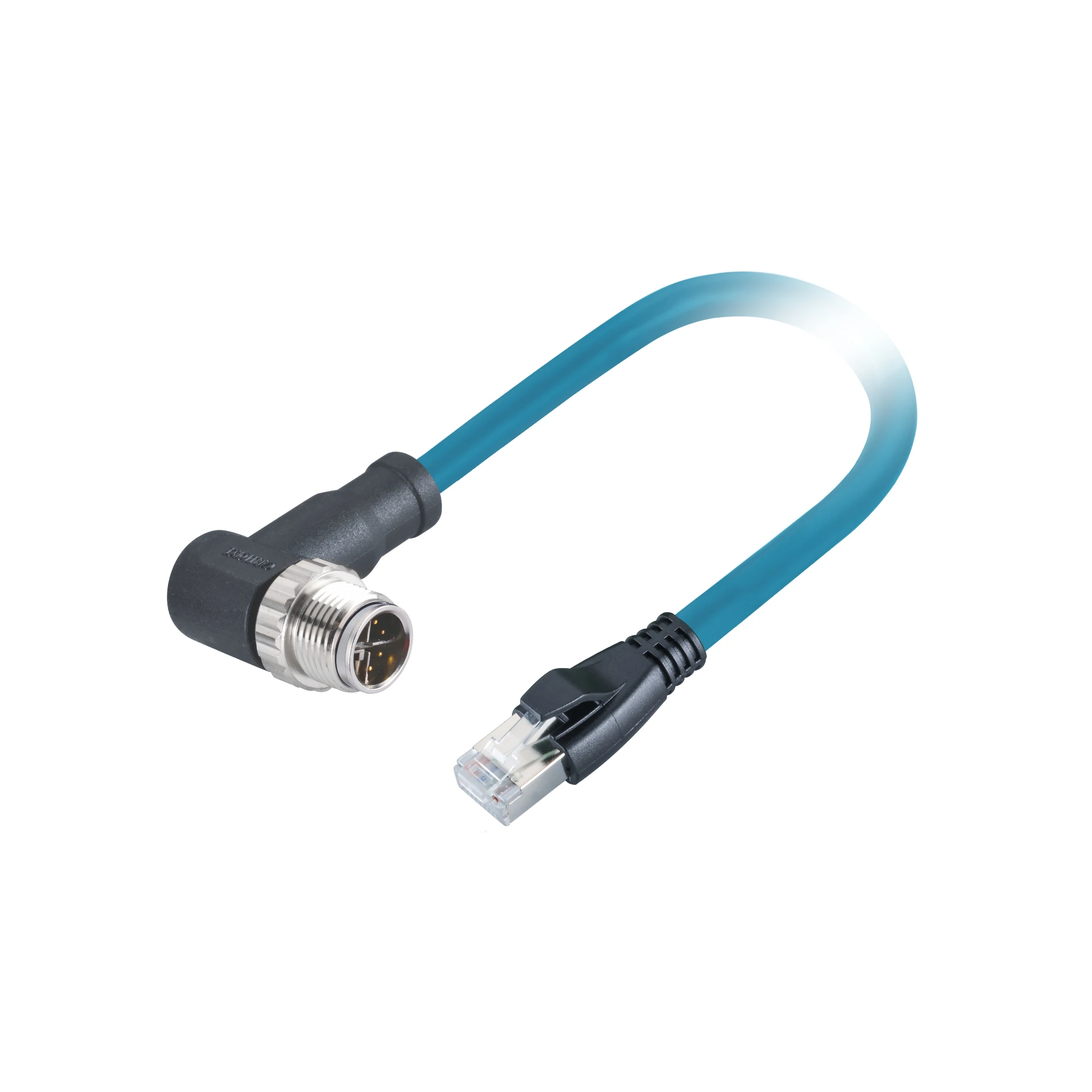 M12 X Code connector right angled male to RJ45 plug shielded double ended molded Cat 6A 4x2x26AWG 0.5m PVC ethernet cable