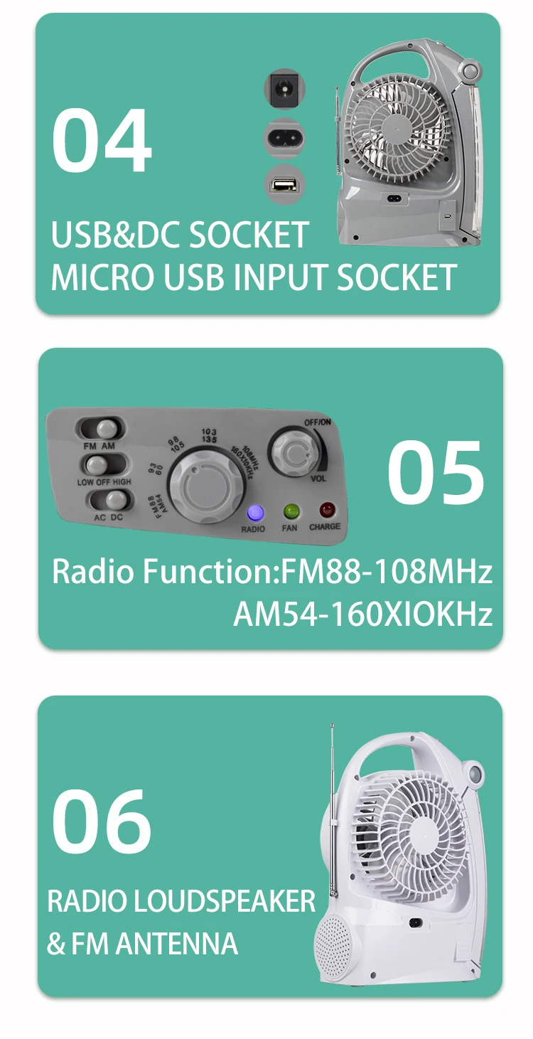 Changrong 5 inch solar rechargeable fan portable table fan with LED night light and  FM/AM radio