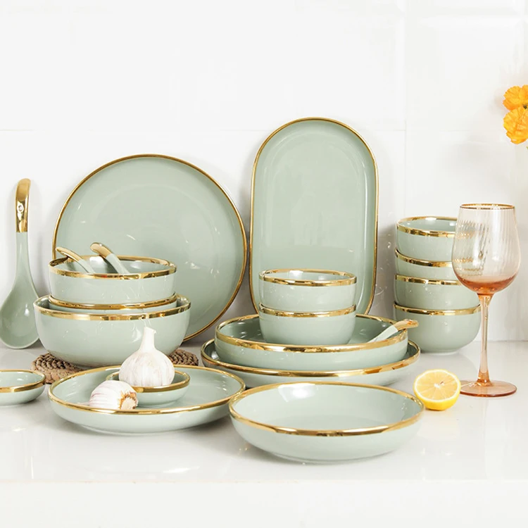 Manufacturer Custom Nordic Green Black Pink White Ceramic Dinner Tableware Set Restaurant Home Porcelain Dinnerware Set