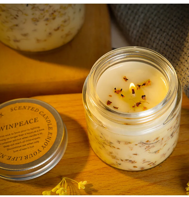 Decorative scented candle dried flower inside osmanthus fragrance bottle candle glass jar with metal closure