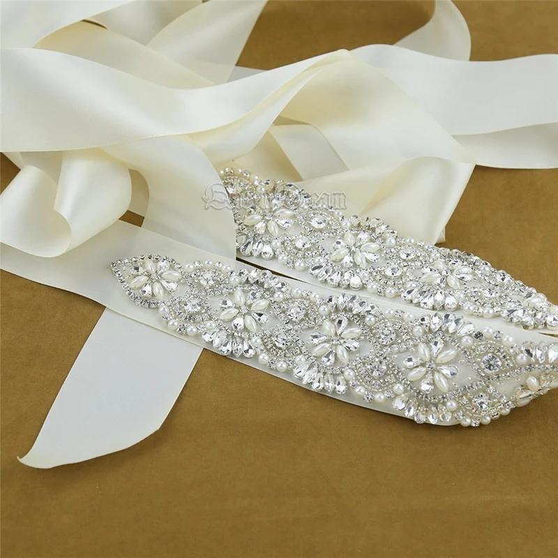 
Hot Sale Pearl Crystal Beaded Flower Bridal Sash Handmade Rhinestone Belt with Ribbon for Bride Bridesmaids formal Dress 