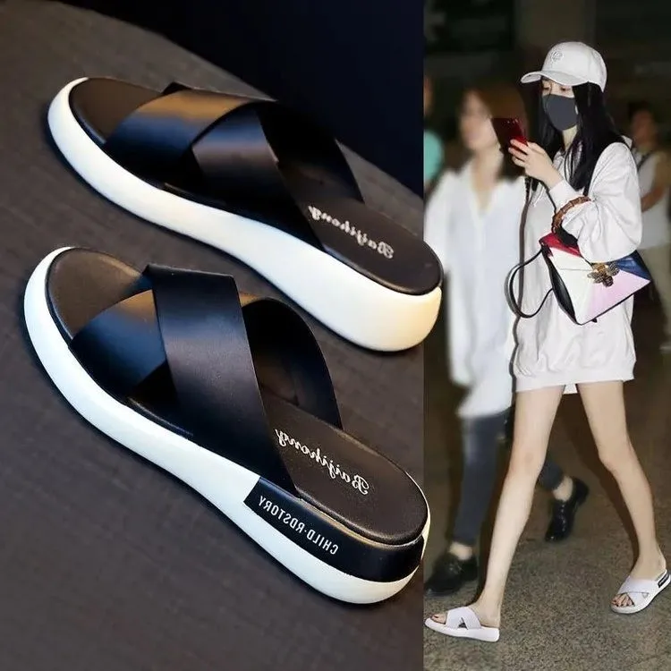 Casual Fashion Female Leather Sandals Shoes Ladies Black Mid Heel Woman Half Slippers Shoes Girls Thick Bottom Wedges Sandals