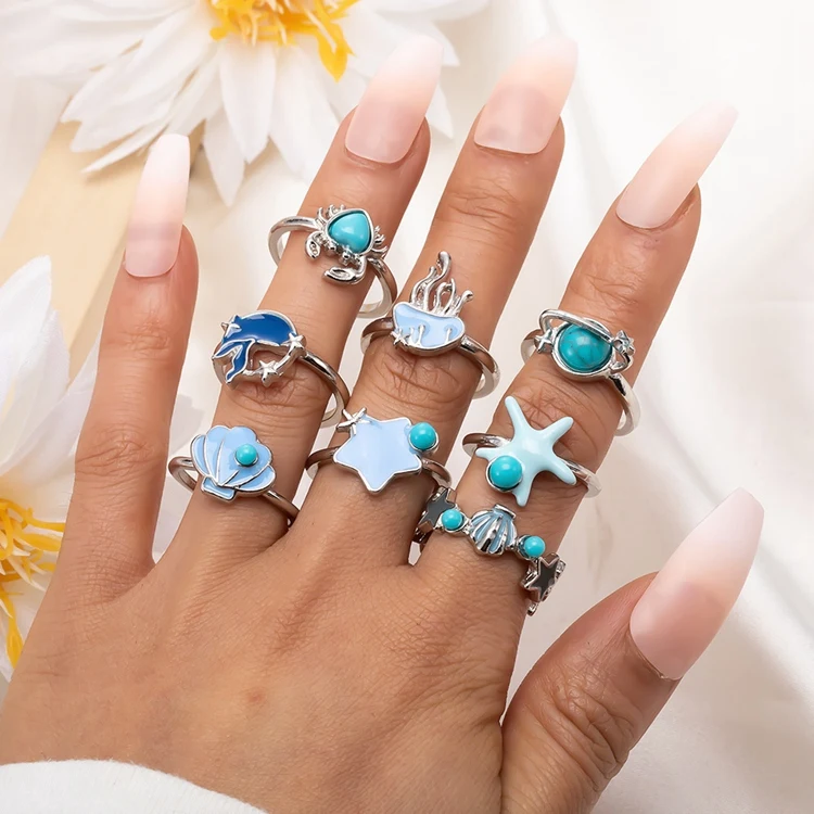 KR-28 Vintage Jewelry 8pcs Women Star Heart Crab Starfish Shell Turquoise Alloy Ring Kit