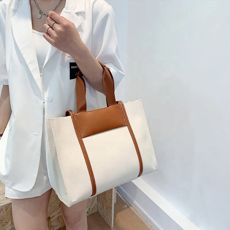 2022 OMOI Custom Leather Hand Made Plain Canvas Women Girls Shopping Tote Single Shoulder Bag Hand Bag