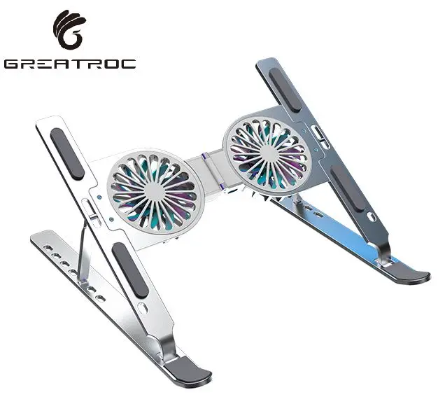 Great Roc portable ultra-slim quiet laptop cooler with 2 powerful RGB fans aluminum laptop stand adjustable laptop cooling pad