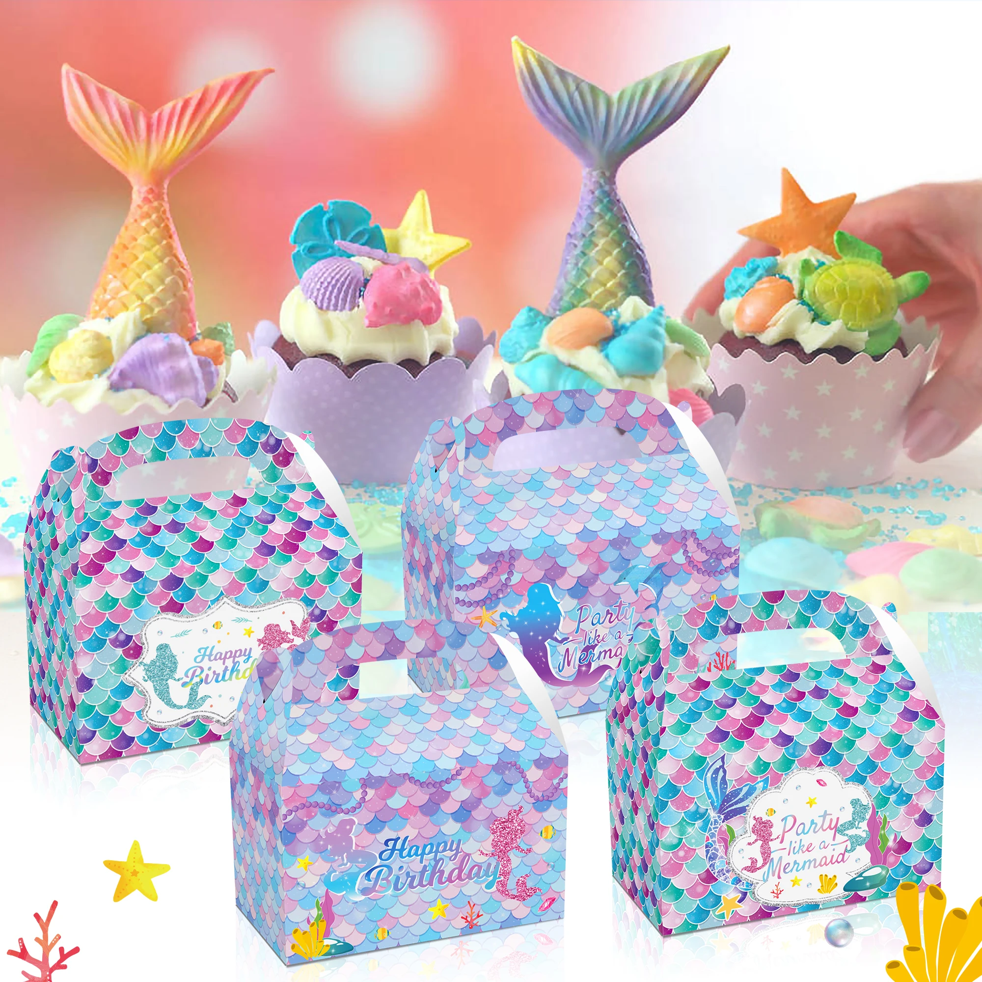 Huancai 12 pcs mermaid candy treat boxes double side design paper gift cake goodies box for kids happy birthday party supplies