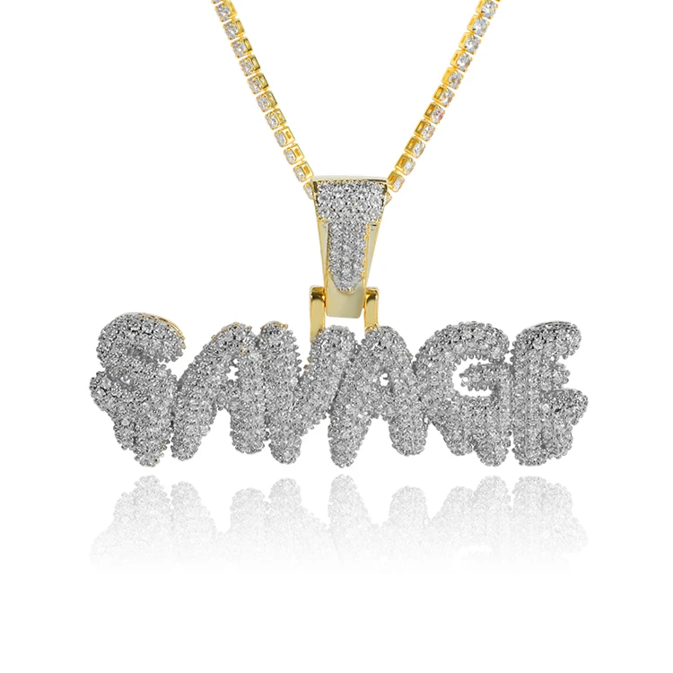 
Amazon Hot Sale Gold Plated Letter Pendant With Stone For Men Hip Hop SAVAGE Letter Pendant Copper Micro 
