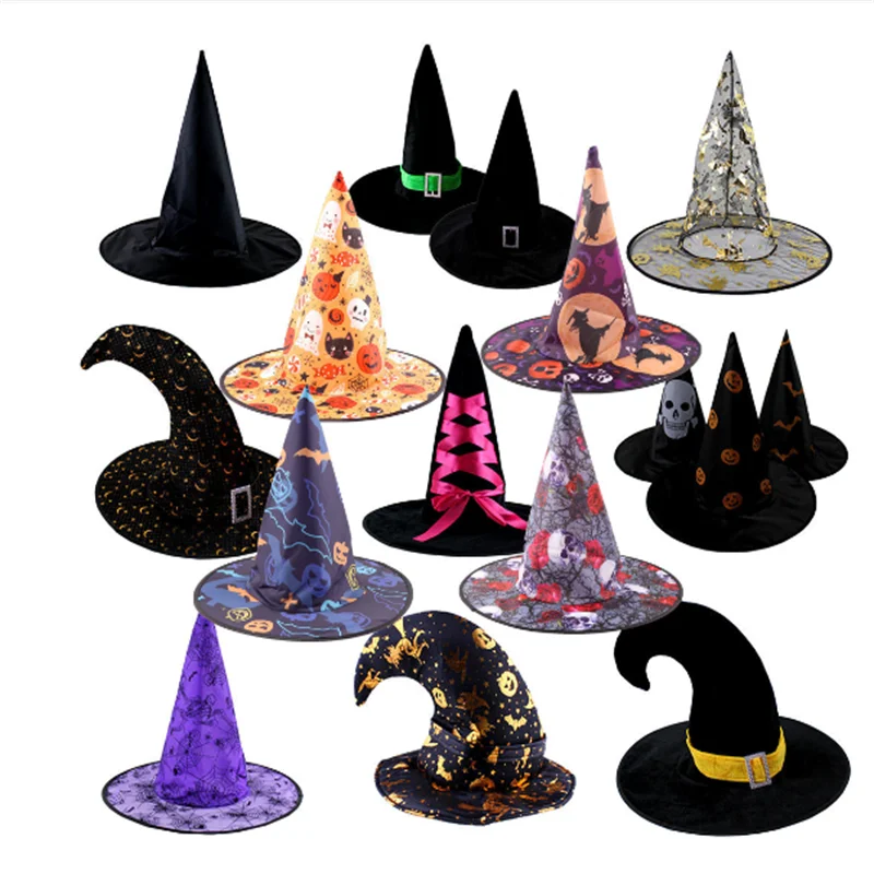 Halloween Witch Hats Yarn Wizard Printed Pumpkin Black Pointed Hat Dress Up Party Cosplay Props Decor Supplies