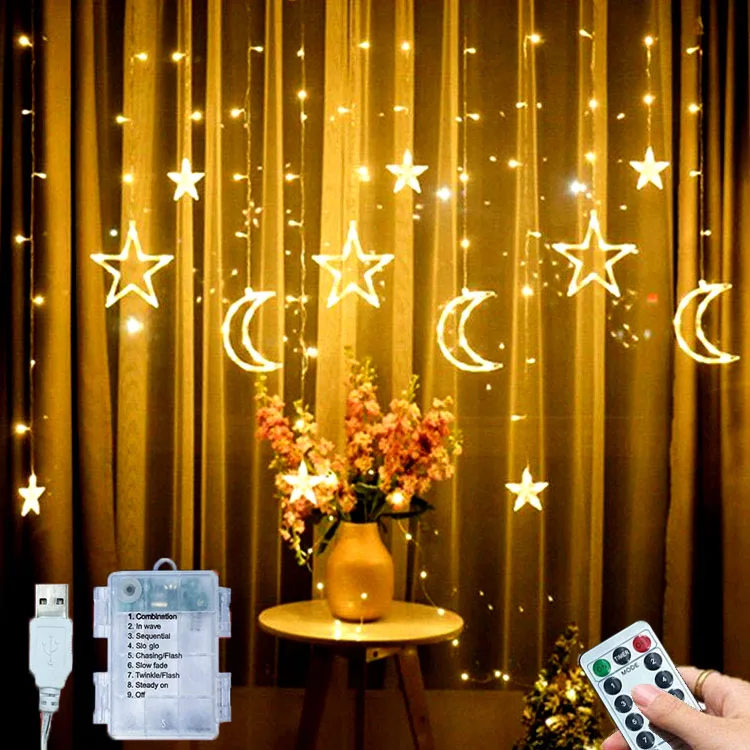 LED Moon and Star Curtain Light, 3.5m diwali decor fairy string lights, 138leds warm white colorful wedding holiday lighting