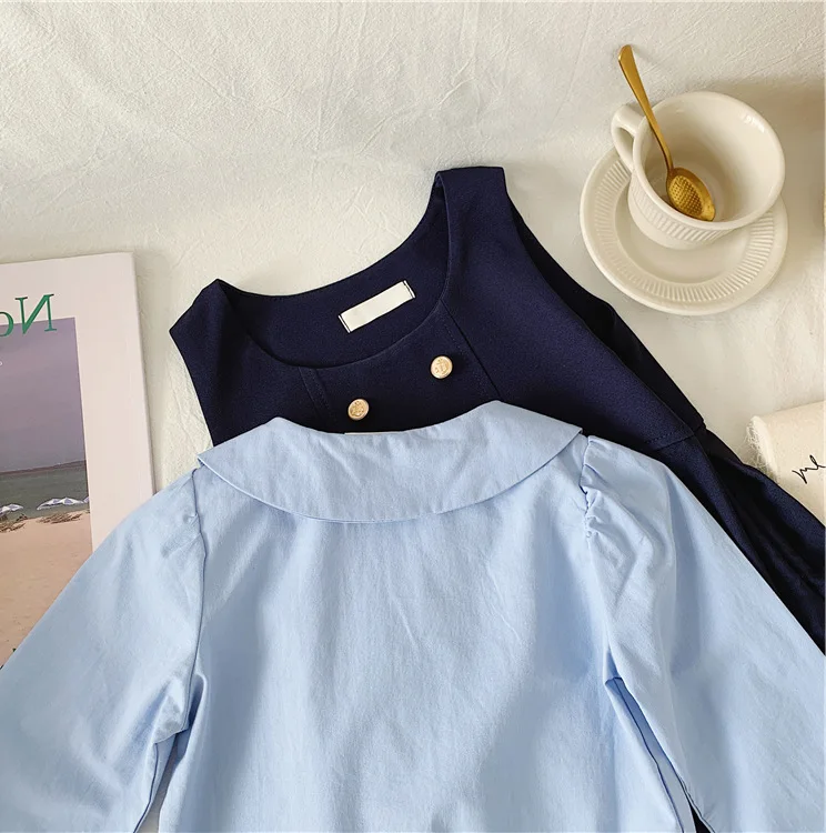 2 Pcs Children Chiffon Elegant Base Shirts With V-neck Tweed Vest Skirt Design Casual Clothing Set Autumn Clothes Suits