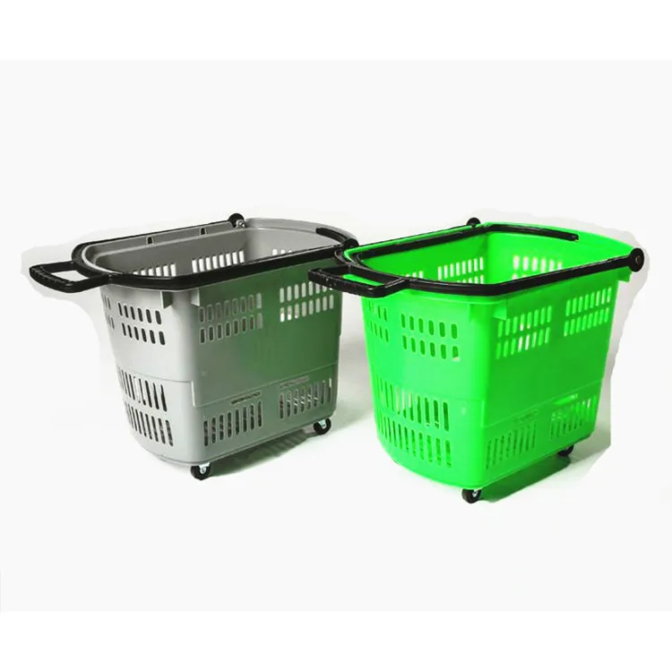 Cheap Price 40L Plastic Telescopic Handle Rolling Shopping Basket With 2 Wheels