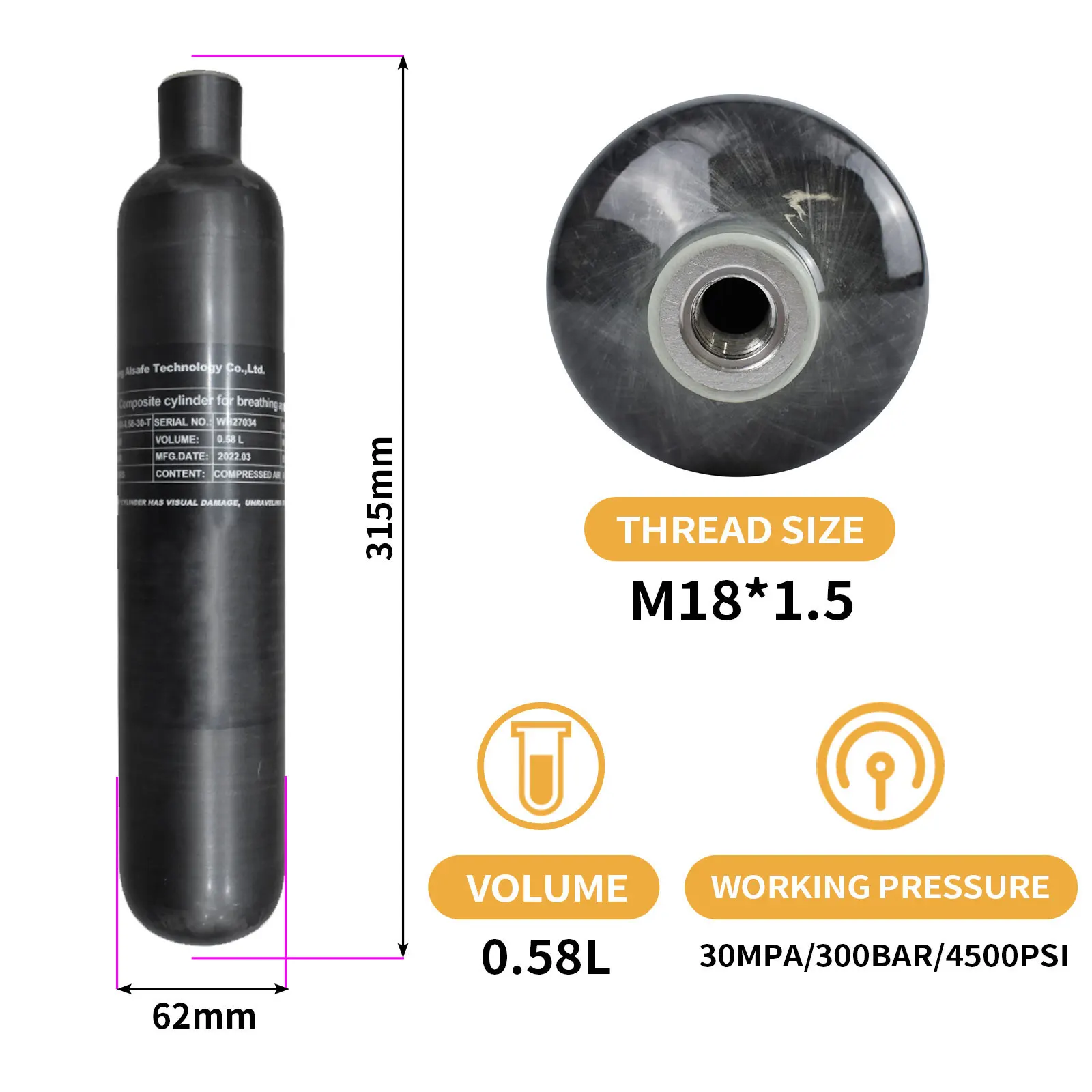 GP High Pressure  0.58L Carbon Fiber Gas Cylinder 4500psi 300Bar PCP Air Tank for Paintball