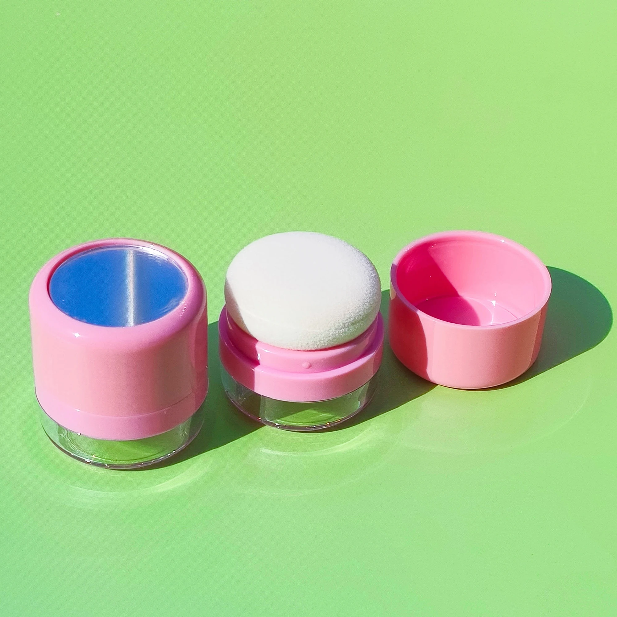 Empty Customised Pink Transparent Loose Powder case with puff Mirror Powder Compact Case bottle jar Packaging