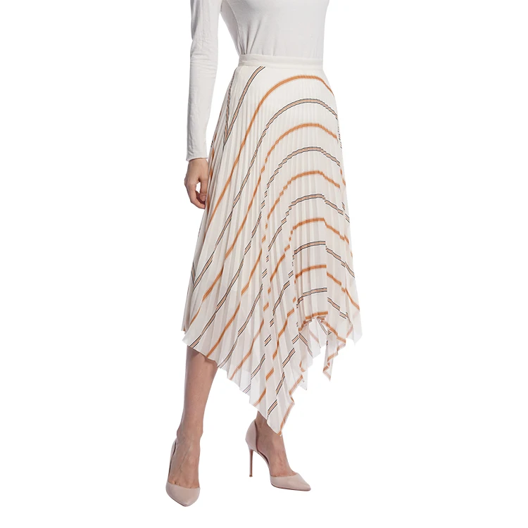 
Stripe print chiffon irregular hemline all over pleat pleat structure creats wave effect women fashion classy skirts summer set 