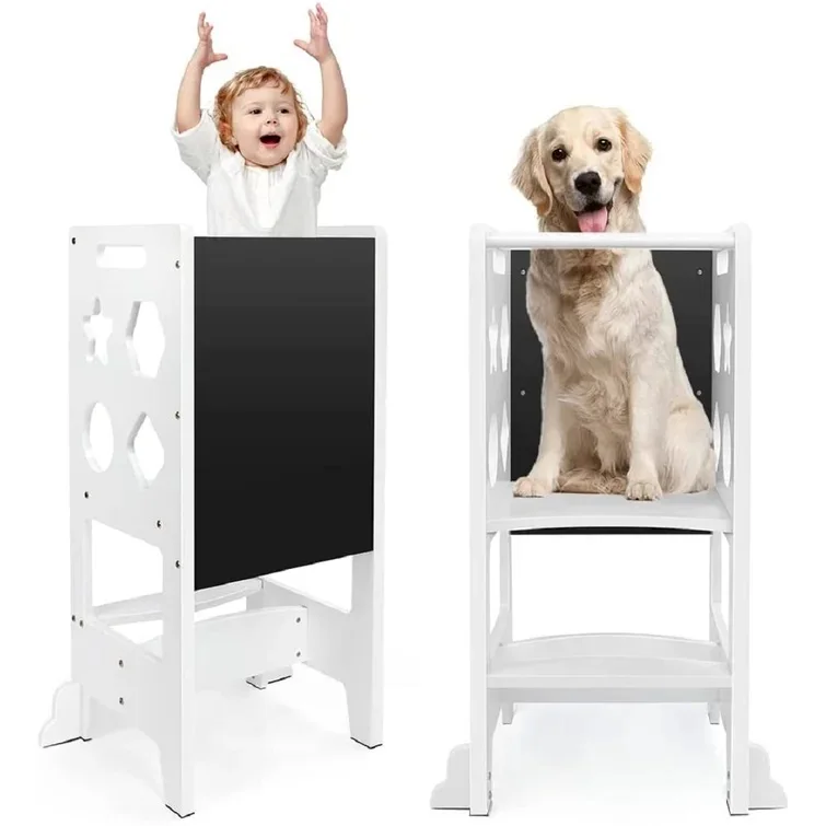 Wooden Kitchen Helper Learning Tower Plans with Chalkboard White Color DIY Kids Kitchen Step Stool with Safety Rail