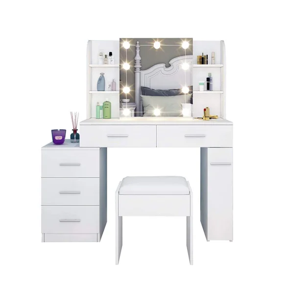
White storage dressing table led dressing table with mirror and stool bedroom furniture 