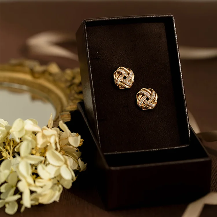hot selling18k gold plated Geometry Chunky wire Ball 925 sterling silver zircon Twisted Knot stud earrings18k real gold earrings