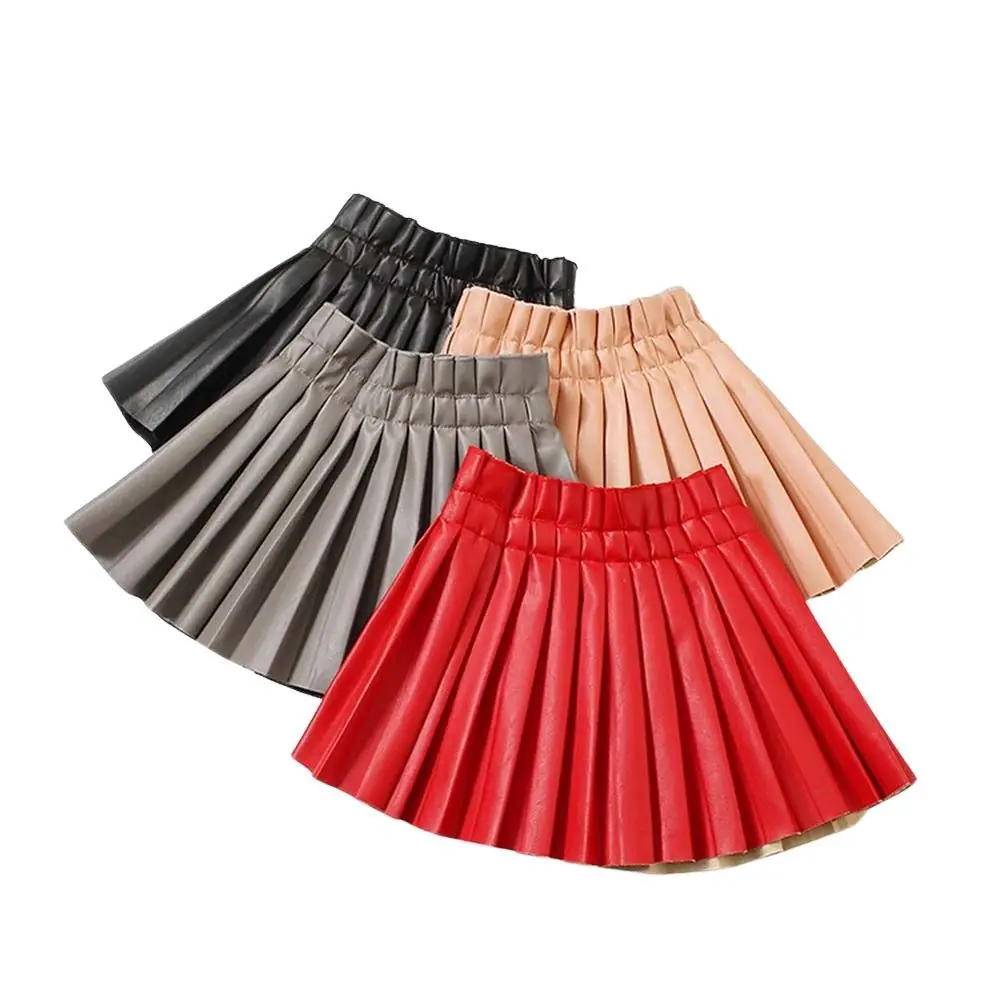 new girls leather skirt pu leather children waist pleated skirt