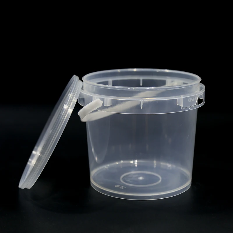 white clear plastic bucket with plastic handle