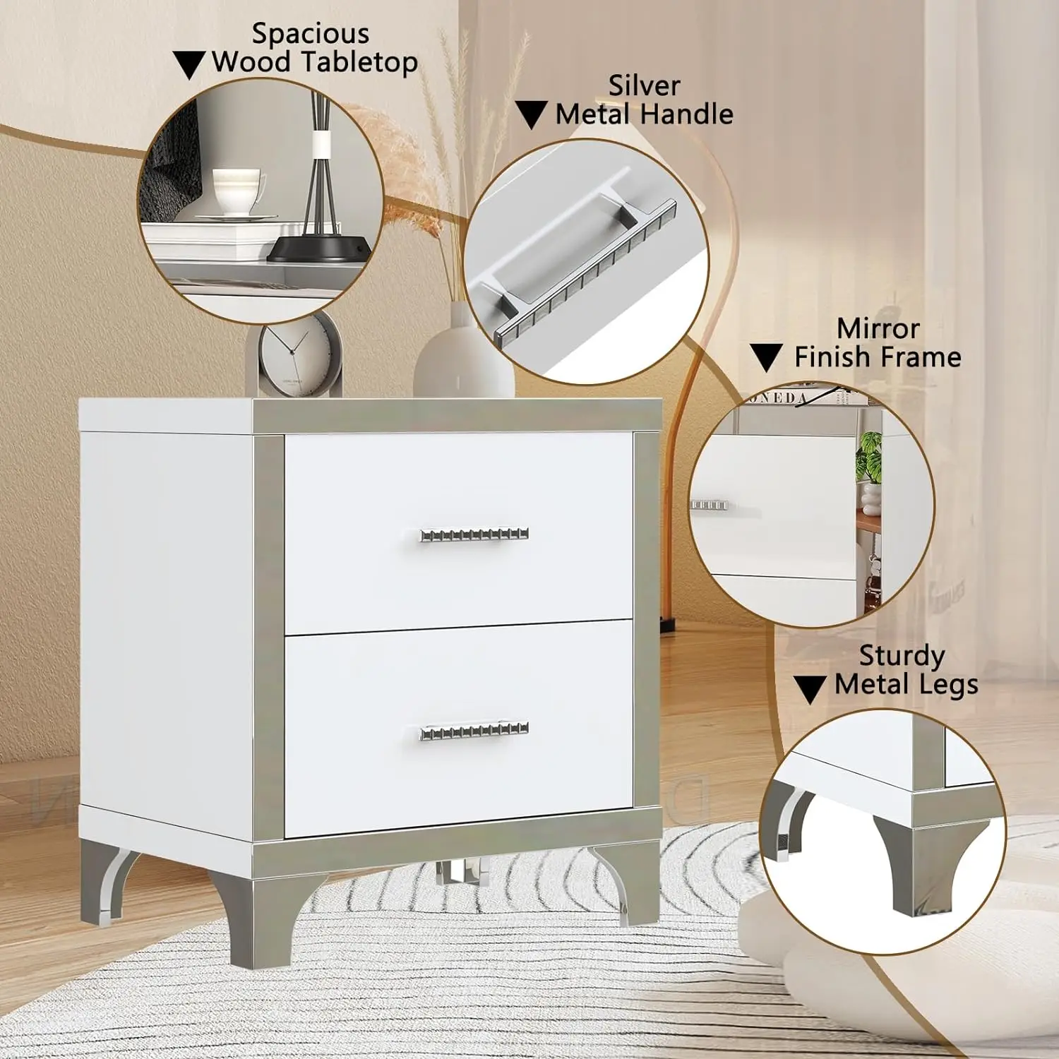 Modern Bedroom End Table Sofa Side Table Elegant High Gloss White Nightstand Mirrored 2 Drawer Bedside Table