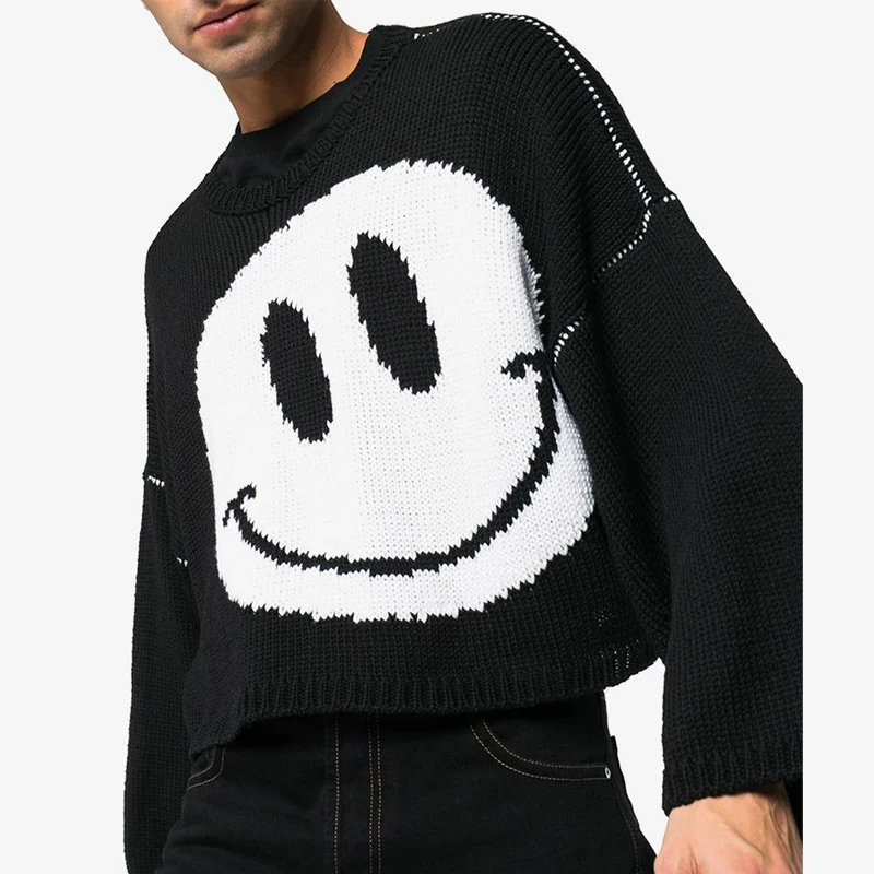 custom logo 100% virgin wool oversized crew neck cropped men sweater knitted pullover designer smiley intarsia knit sweater men