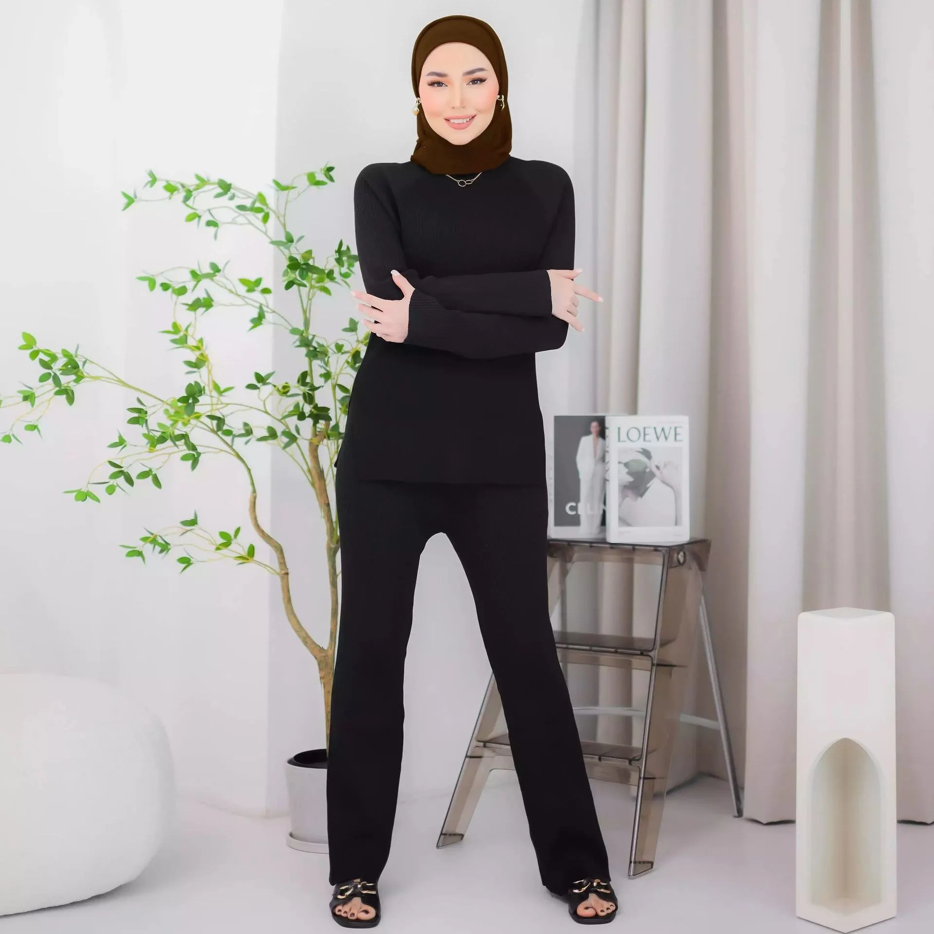 Autumn Winter Women Casual Islamic Clothing Knit Suit Middle Eastern Malaysia Indonesia Jilb Abaya Muslim Dress 2 Pieces