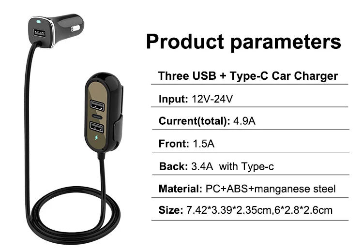 Universal Mobile Phone 2USB Type C PD18W QC3.0 Fast Car Charger 2.4A With Extension Cable