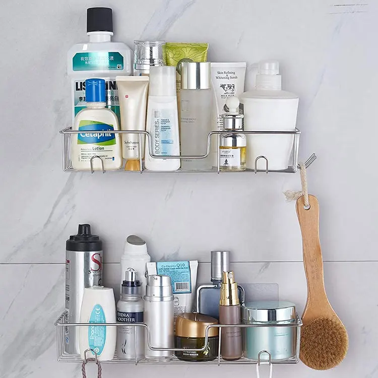 Adhesive Bathroom Organizer Shower Caddy, Wall Mounted Shampoo Holder Bathroom Shelves Basket Rack with Hooks