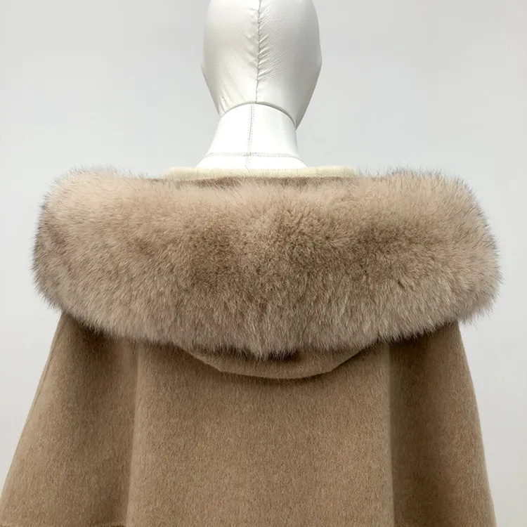 China Manufacturer Winter Women Cashmere Warm Poncho Oversize Long Wool Coats With Genuine Fox Fur