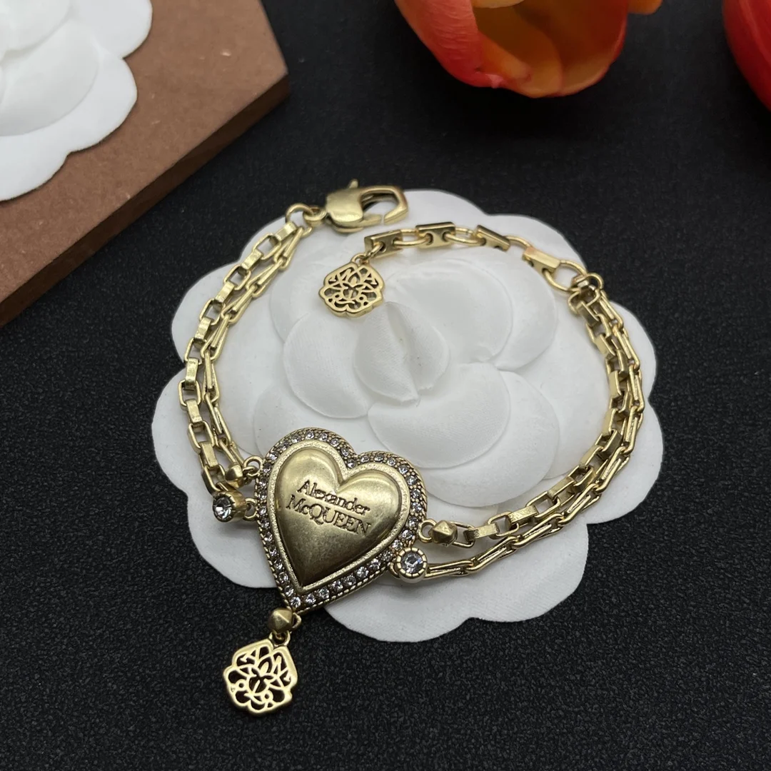 Alexanderxx McQueens Factory Wholesale 925 Silver Punk Style Two-color Heart-shaped Zircon Pendant Bracelet to Give to Friends