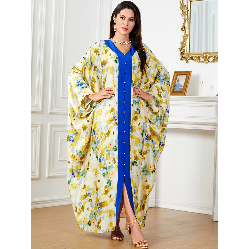 Middle Eastern Muslim clothing Arab Dubai satin print fashion dress jalabiya robe V-neck dress abaya