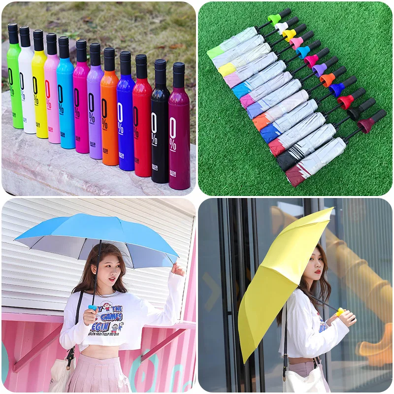 Wholesale Promotion Foldable  Business Gift set Custom Printing Logo Travel Rainy Sunny Wine Bottle 3 Folding Umbrella