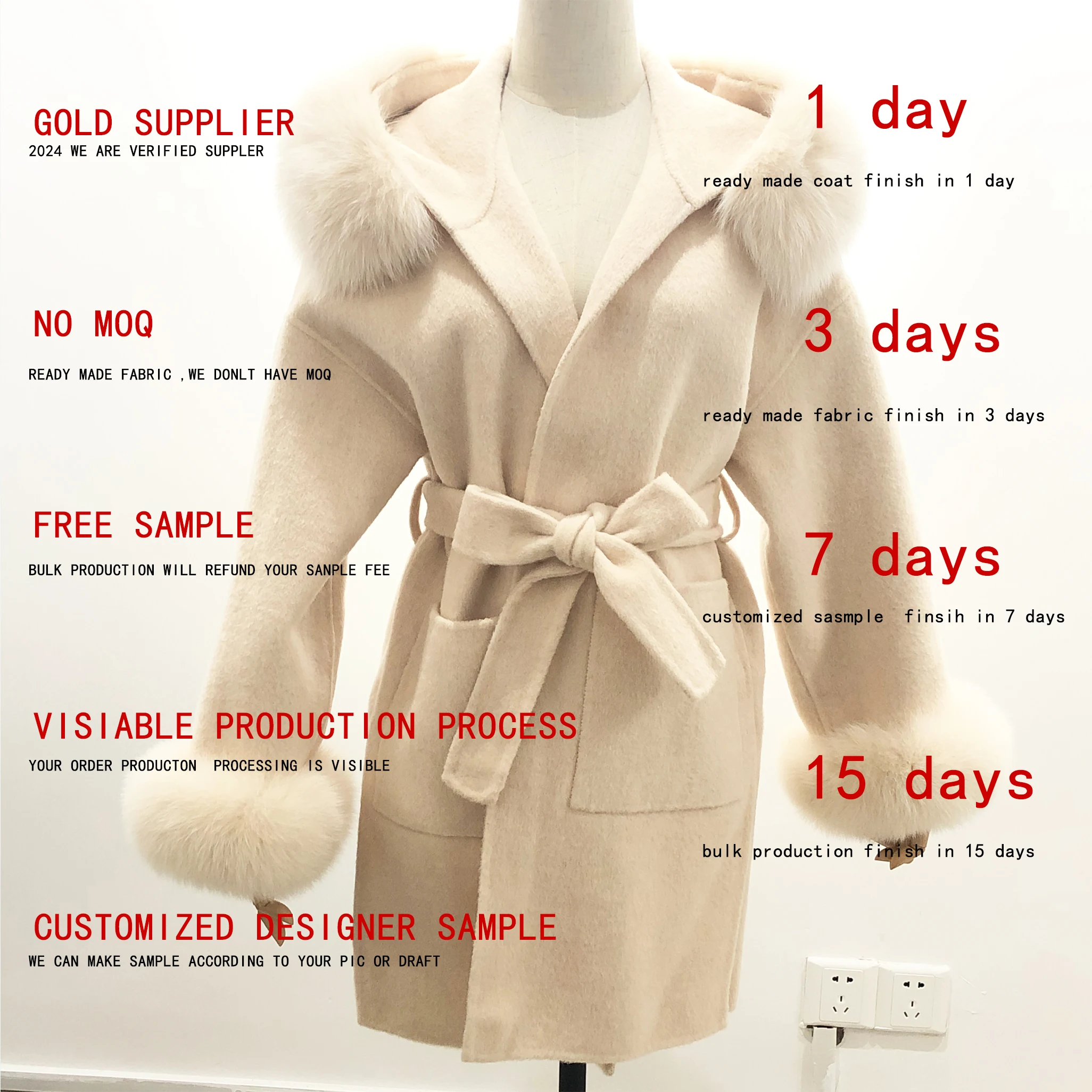 The Cheap Sell Cashmere coat Gold Button Double Woolen Solid Blend Cashmere Fur Coat For Ladies Genuine Fur