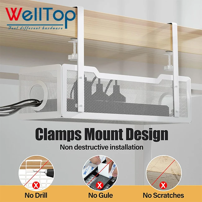 Factory Low Price Adjustable Under Desk Wire Organizer Sturdy Metal Mesh Cable Management Tray with Mounting Accessories