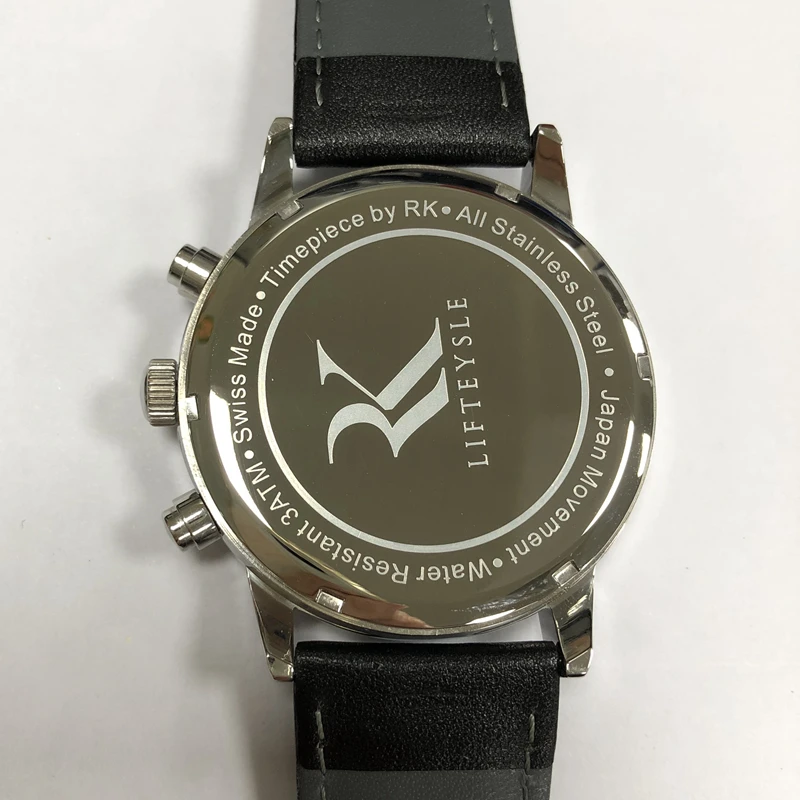 3ATM Water Resistant Genuine Leather Strap 43mm Stainless Steel Case Japan Movement Chronograph Watch