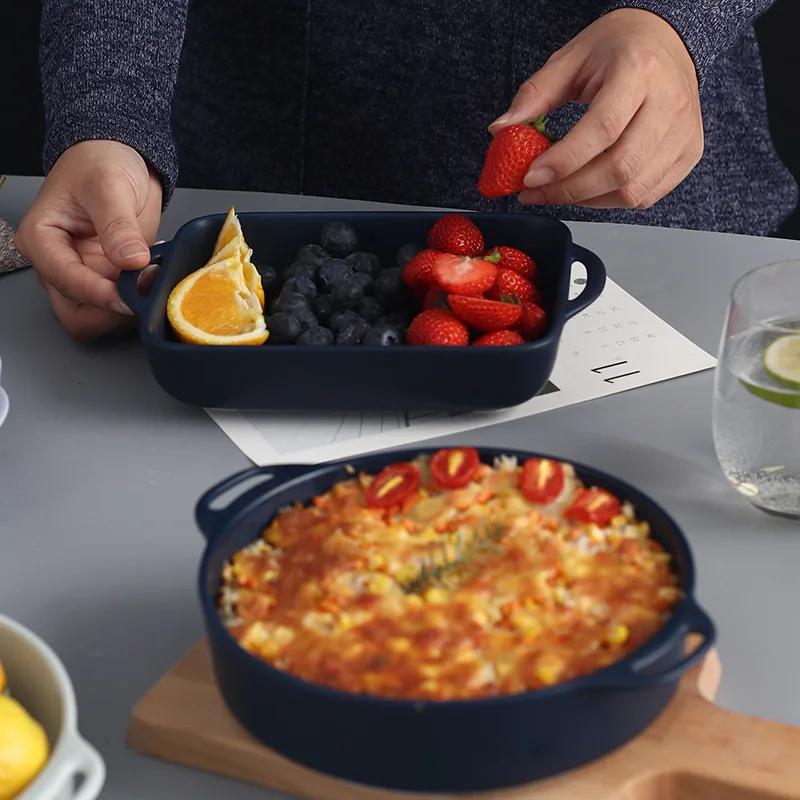 Nordic Style Plate Ceramic Household Dinner Plate Ins Double Handle Disk Baking Tray Creative Dinner Baked Rice Tableware Plate