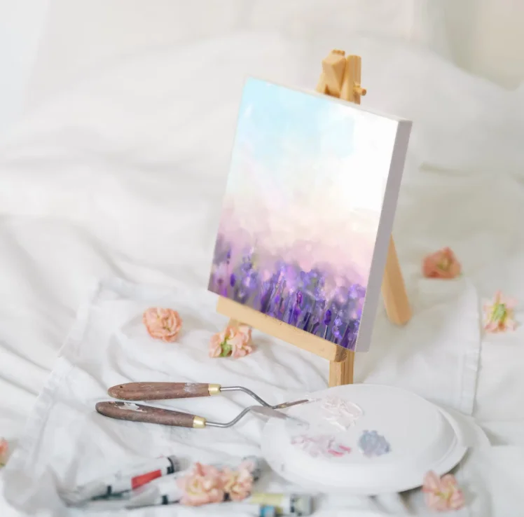 Kids Painting Set 11*11CM Mini Stretched Canvas Board with 9*16CM Wooden Paint Easel Display Stand Digital Printing