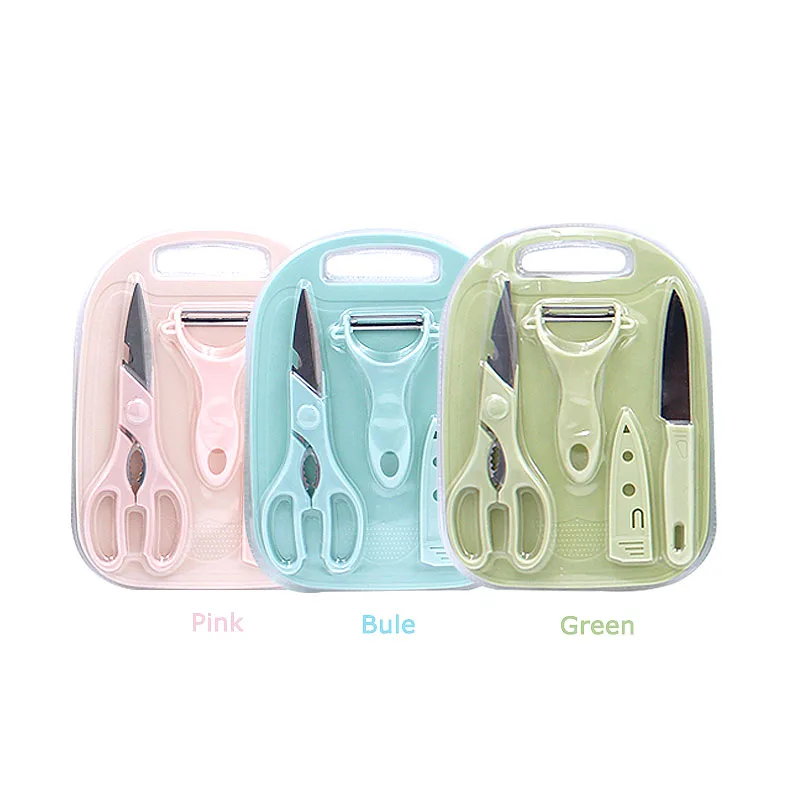 Household 5 pieces kitchen tool sets with cutting board/fruit knife/ cover/peeler/scissors set