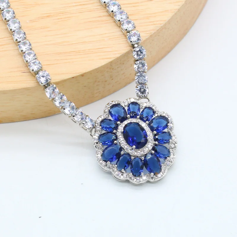 925 Silver Stamp Sapphire Blue Necklace Earring Set for Women Luxury Wedding Party Bridal Jewelry