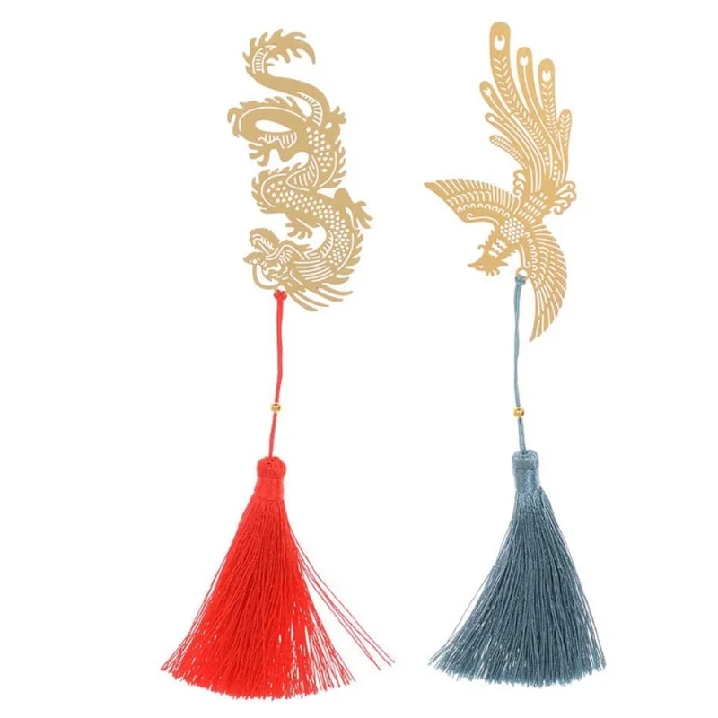 Chinese Dragon and Phoenix custom gold metal creative brass bookmark with Tassel