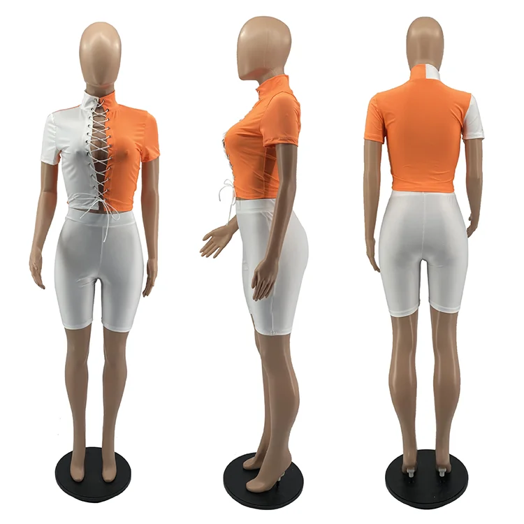 MD-20Summer Matching Color Women Biker Short Set High Elasticity Fabric Sexy Lace Up Drawstring Patchwork Women Suits Two Pieces