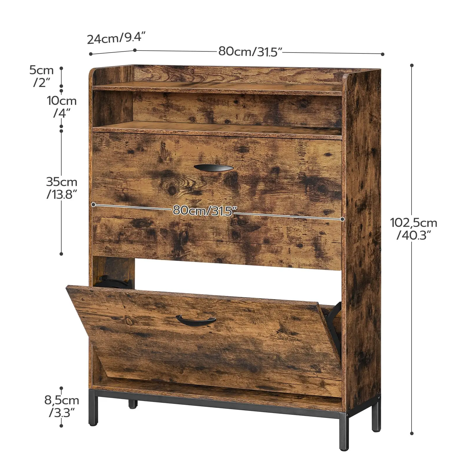 2024 New Farmhouse Style Freestanding Shoe Storage Organizer Cabinet Shoe Cabinet with 2 Flip Drawers Open Shelves for Entryway
