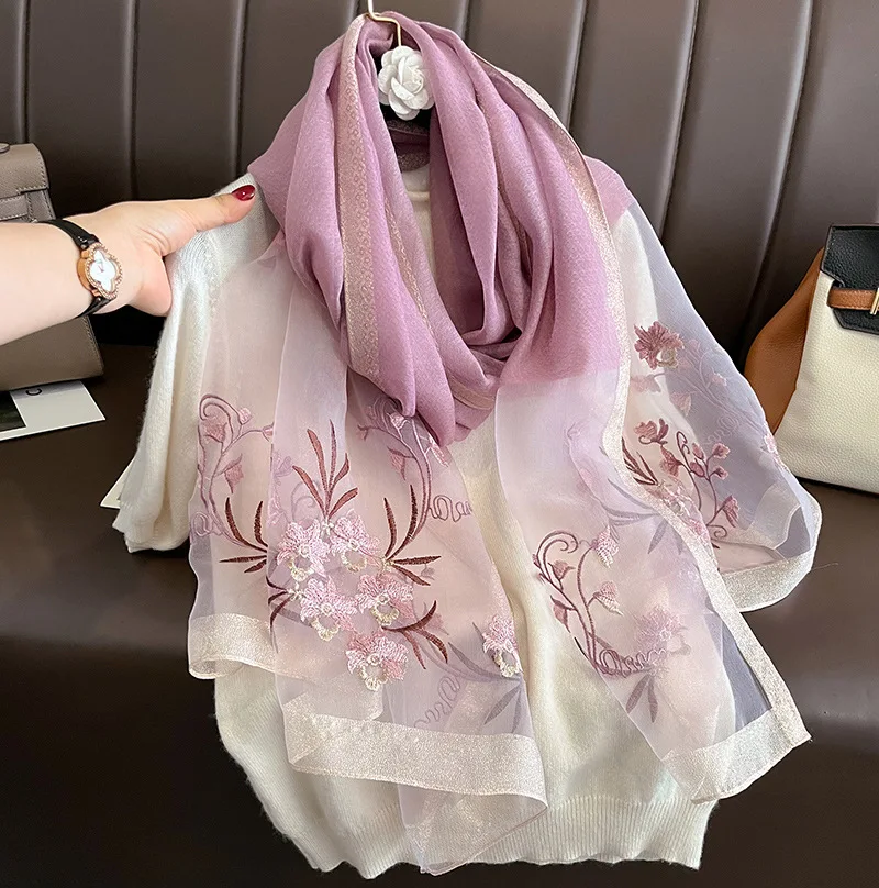 Wholesale Premium Embroidery 100% Pure Silk Scarf in Stock Elegant Flower Design Shimmer Edge Wool Blend Long Scarf for Ladies