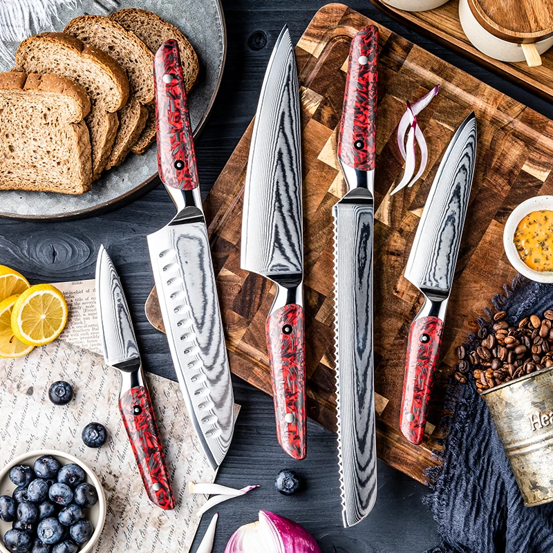 Professional Damascus Carbon Stainless Steel Blade Kitchen Knife Set Chef Utility Knife Set with Resin and Carbon Fiber Handle