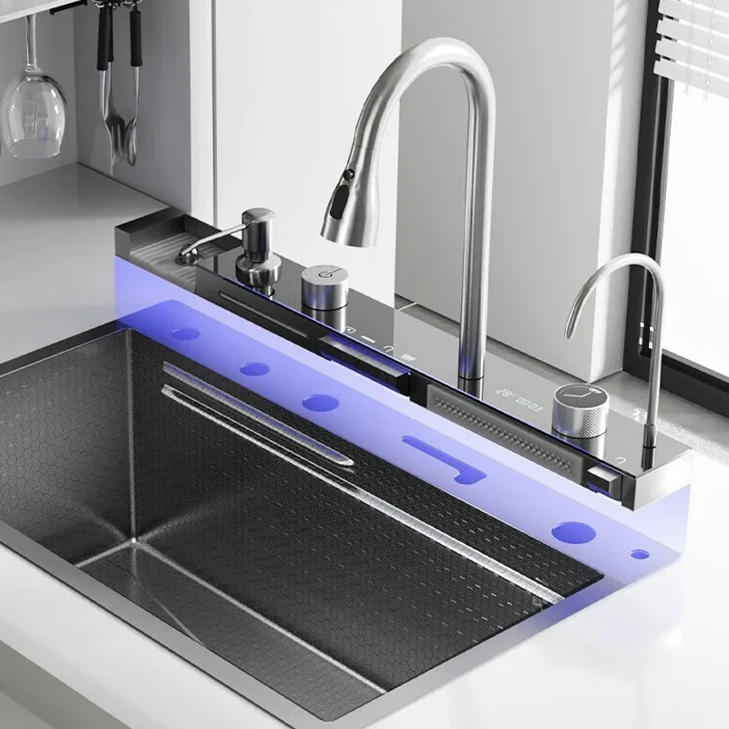 Digital display rain sink 304 stainless steel kitchen sink honeycomb embossed large sink pull out kitchen faucet