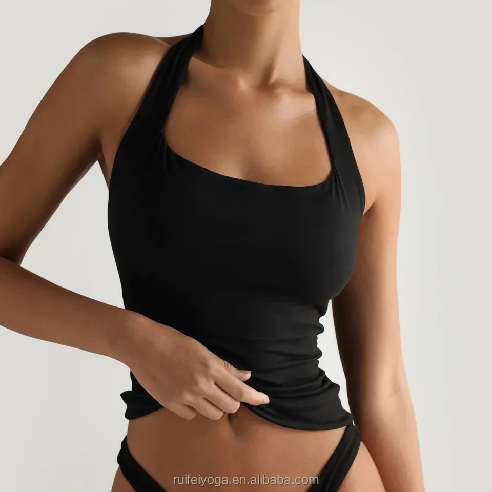 Wholesale Custom Design Breathable Sleeveless Sports Shirts Square Neck Compression Women Halter Sport Gym Workout Crop Tank Top