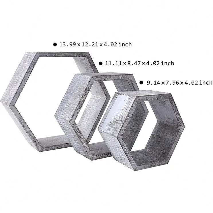 Three piece set hexagonal white rust wall honeycomb  living room office wall shelf wood floating